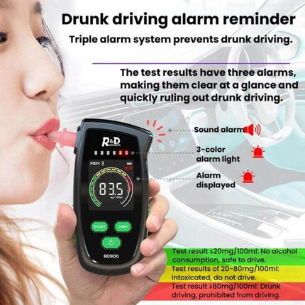R&D Instruments Portable Breath Alcohol Tester for Screening handheld device with triple-alarm color lights and buzzer showing 0.835% reading