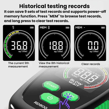 R&D Instruments Portable Breath Alcohol Tester for Screening display showing historical test records, MEM function and start button