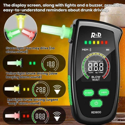 R&D Instruments Portable Breath Alcohol Tester for Screening handheld device with triple-alarm color LEDs buzzer and digital display