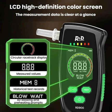 R&D Instruments Portable Breath Alcohol Tester for Screening - handheld LCD color display with circular racetrack, measured values, MEM history and blow/wait prompts