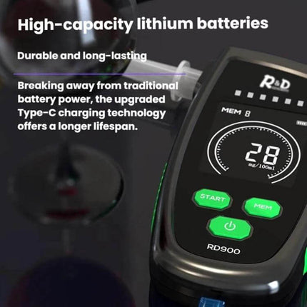 R&D Instruments Portable Breath Alcohol Tester for Screening showing device display with 2.8 reading, Type-C charging and high-capacity lithium batteries