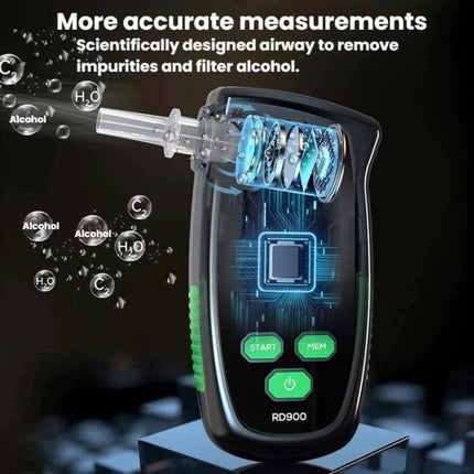 R&D Instruments Portable Breath Alcohol Tester for Screening displaying internal sensor, mouthpiece and triple-alarm color indicators