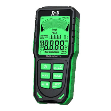 R&D Instruments Rechargeable Electromagnetic Radiation Detector for Home Use - handheld EMF meter showing LCD, buttons, and rugged green-black case