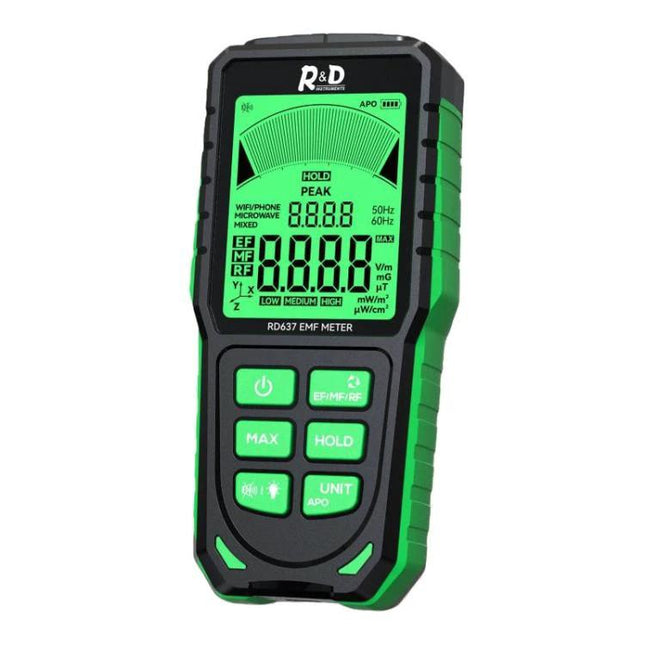 R&D Instruments Rechargeable Electromagnetic Radiation Detector for Home Use - handheld EMF meter showing LCD, buttons, and rugged green-black case