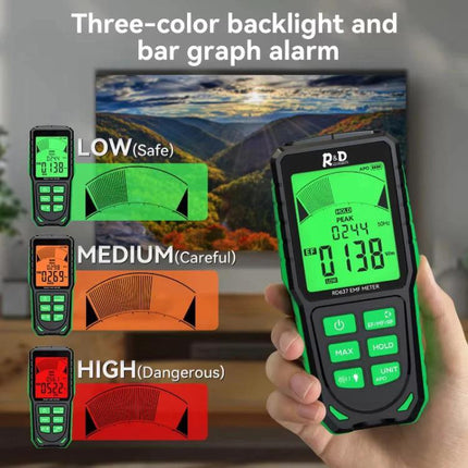 R&D Instruments Rechargeable Electromagnetic Radiation Detector for Home Use showing three-color backlight, bar graph alarm and EF/MF/RF readings