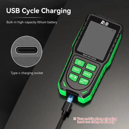 R&D Instruments Rechargeable Electromagnetic Radiation Detector for Home Use - handheld RF EF MF meter with USB Type-C charging cable