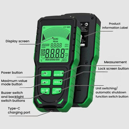 R&D Instruments Rechargeable Electromagnetic Radiation Detector for Home Use showing front and back with labeled buttons and display screen