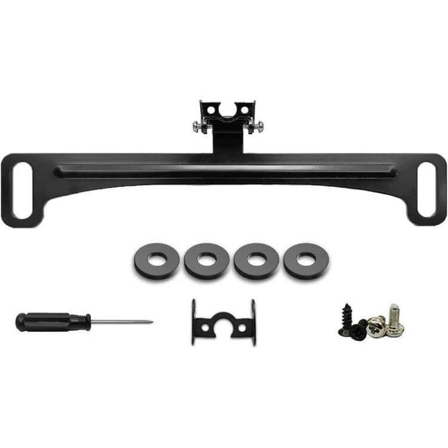 Universal Metal Bracket for US License Plates and Reversing Cameras - black steel plate with camera mount, washers, screws and screwdriver kit