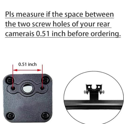 Universal Metal Bracket for US License Plates and Reversing Cameras showing 0.51 inch screw hole spacing and camera mount alignment guide