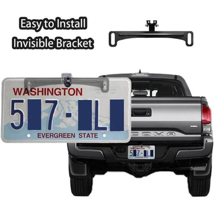 Universal Metal Bracket for US License Plates and Reversing Cameras - black invisible rear license plate mount with camera on pickup truck