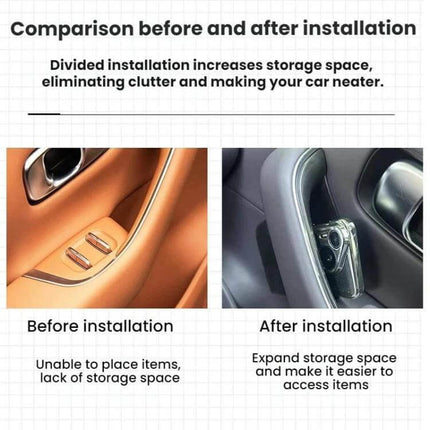 Leapmotor Car Door Armrest Storage Box (For 2024-2026) installed showing before-and-after comparison with added coin/card storage in door armrest