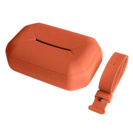 Seat Hanging Silicone Tissue Box for Leapmotor Car Seats in orange silicone with detachable strap, compact waterproof car tissue holder