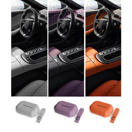 Seat Hanging Silicone Tissue Box for Leapmotor Car Seats shown in gray purple and orange hanging near center console