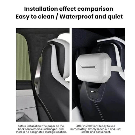 Seat Hanging Silicone Tissue Box for Leapmotor Car Seats installed on back of headrest showing before and after waterproof easy-to-clean design