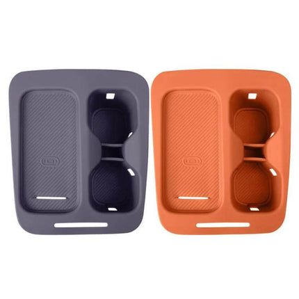 Leapmotor Silicone Cup Protector Mat for Car Interior in gray and orange showing dual cup holders and phone tray, waterproof scratch‑resistant silicone protection