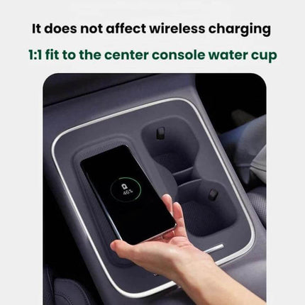 Leapmotor Silicone Cup Protector Mat for Car Interior placed in center console cup holder showing wireless charging compatibility and spill protection