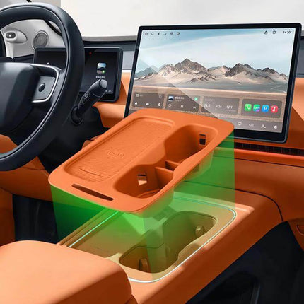 Leapmotor Silicone Cup Protector Mat for Car Interior placed in center console cup holder, orange silicone protector mat resisting spills and scratches