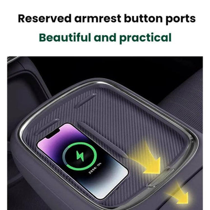 Center Console Silicone Protective Anti Slip Mat Purple Full Coverage showing reserved armrest button ports and wireless charging-friendly design