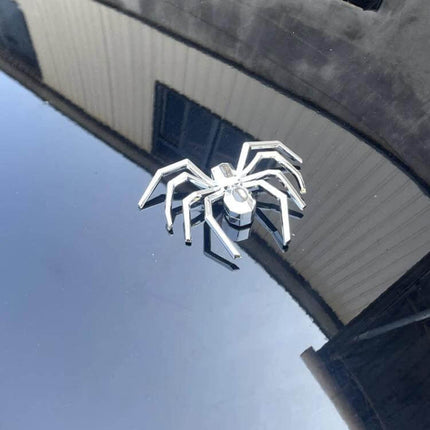 3D Metallic Spider Emblem for Car Decoration, Set of 2 Pieces - chrome spider badge on car hood reflecting building