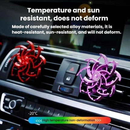 Car Air Vent Ornament Rotating Snowflake With Fragrance Pad installed on car vent showing dual red and purple rotating snowflake air fresheners