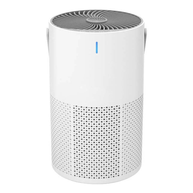 Home Touch-Control Air Purifier With Aromatherapy LED Light compact white unit with touch panel, 360° intake, three-layer filter and LED aromatherapy glow