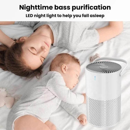Home Touch-Control Air Purifier With Aromatherapy LED Light on bedside table near sleeping mother and baby, quiet night mode and soft LED night light for bedrooms