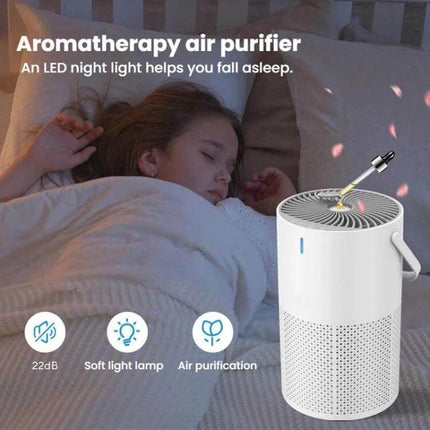 Home Touch-Control Air Purifier With Aromatherapy LED Light shown in bedroom with sleeping child, touch-control, LED night light, and aromatherapy bottle