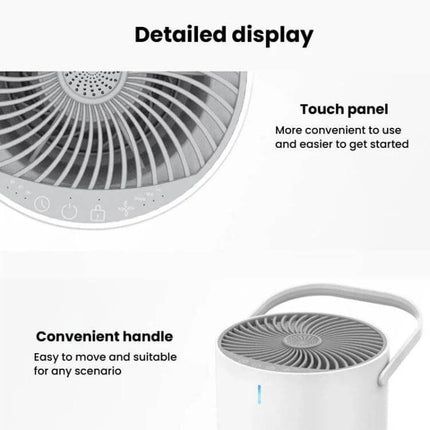 Home Touch-Control Air Purifier With Aromatherapy LED Light showing touch panel, 360° inlet, three-layer filter and convenient handle for bedrooms and offices