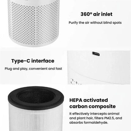 Home Touch-Control Air Purifier With Aromatherapy LED Light showing 360° air inlet, Type-C port and HEPA activated carbon composite filter