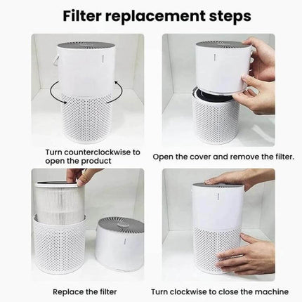 Home Touch-Control Air Purifier With Aromatherapy LED Light showing filter replacement steps with hands opening, removing and replacing the filter