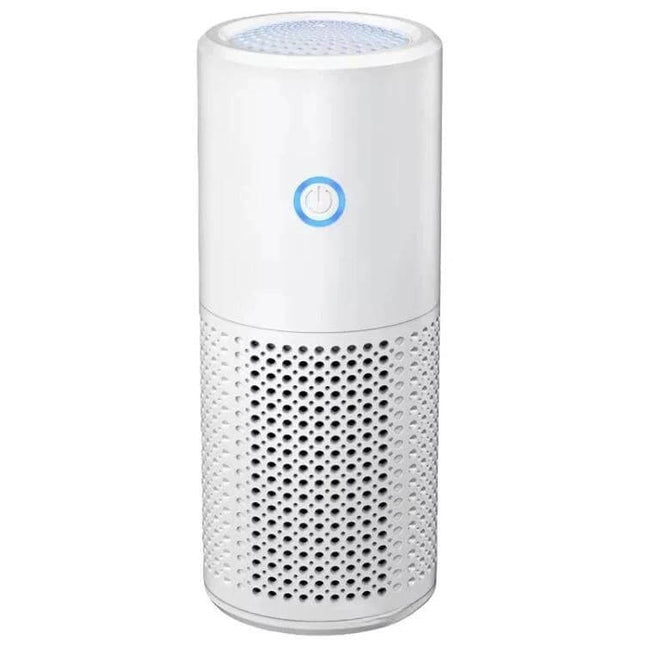 Car Portable Negative Ion Air Purifier For Formaldehyde And Smoke - compact white 68mm cup-holder purifier with top vent and blue power button