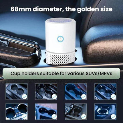 Car Portable Negative Ion Air Purifier For Formaldehyde And Smoke placed in 68mm car cup holder, compact desktop air purifier reducing smoke, odors and allergens