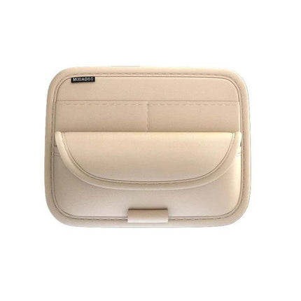 Sun Visor Organizer For Cars Large Capacity Storage - beige leather visor pouch with velvet lining, multiple pockets for cards, keys and cosmetics