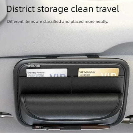 Sun Visor Organizer For Cars Large Capacity Storage black leather organizer with card slots and pen holder mounted on car sun visor