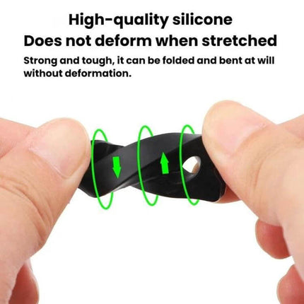 4-Piece Silicone Car Door Protector Pads for Noise Reduction - hands stretching flexible black silicone pad to show durability and non-deformation