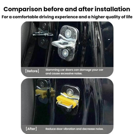 4-Piece Silicone Car Door Protector Pads for Noise Reduction installed on car door latch showing before and after noise reduction