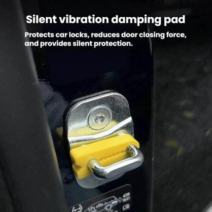 4-Piece Silicone Car Door Protector Pads for Noise Reduction - yellow silicone vibration damping pad installed on car door latch to reduce closing noise