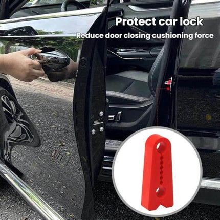 4-Piece Silicone Car Door Protector Pads for Noise Reduction installed on open car door reducing lock impact and noise, red silicone pad close-up