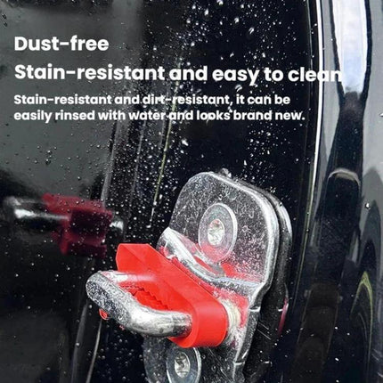 4-Piece Silicone Car Door Protector Pads for Noise Reduction - red silicone door lock cushion shown on wet car door to reduce noise and protect lock area