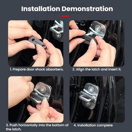 4-Piece Silicone Car Door Protector Pads for Noise Reduction installation demonstration showing hands aligning and inserting silicone pads onto door latch