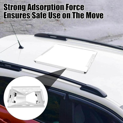 Starlink Mini Magnetic Car Top Mounting Bracket for Vehicles shown mounted on a vehicle roof demonstrating strong magnetic hold for travel and outdoor use