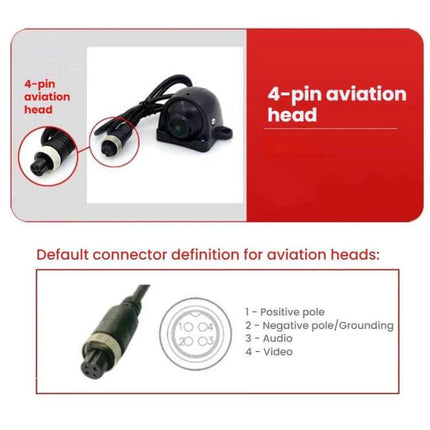 Truck Blind Spot HD Waterproof Reversing Camera with Night Vision showing 4-pin aviation head connector and wiring diagram