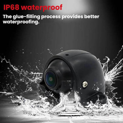 Truck Blind Spot HD Waterproof Reversing Camera with Night Vision shown splashing in water highlighting IP68 waterproof housing and night vision lens