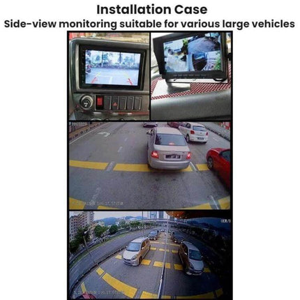 Truck Blind Spot HD Waterproof Reversing Camera with Night Vision showing in-cab monitor and roadway blind-spot views for truck reversing