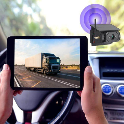 Wireless Solar-Powered HD Reversing Camera for Vehicle Safety showing in-cabin tablet view of truck and wireless solar camera