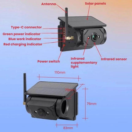 Wireless Solar-Powered HD Reversing Camera for Vehicle Safety – compact solar-panel backup camera with antenna, Type-C, indicators, IR lights, 720P