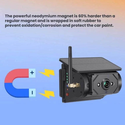 Wireless Solar-Powered HD Reversing Camera for Vehicle Safety with magnetic mount, solar panel and antenna for easy wireless vehicle monitoring