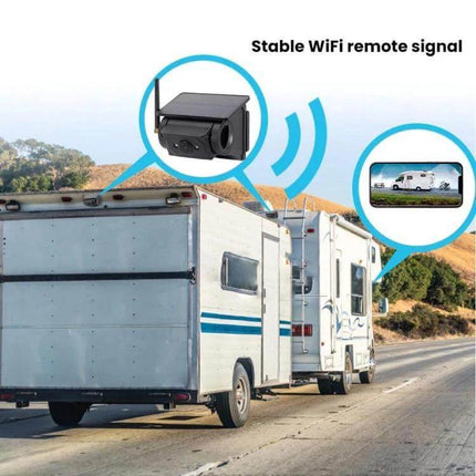 Wireless Solar-Powered HD Reversing Camera for Vehicle Safety mounted on RV delivering stable WiFi remote signal and wide-angle rear view