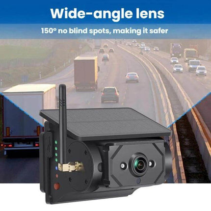 Wireless Solar-Powered HD Reversing Camera for Vehicle Safety wide-angle 150° lens mounted on vehicle showing highway view