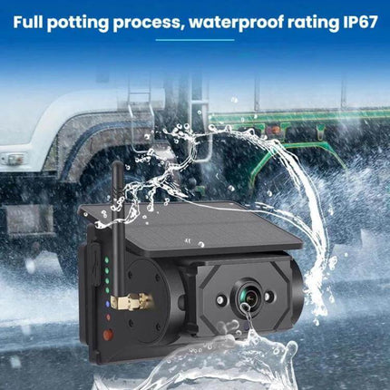 Wireless Solar-Powered HD Reversing Camera for Vehicle Safety showing waterproof 720P HD camera with solar panel and IP67 splash protection
